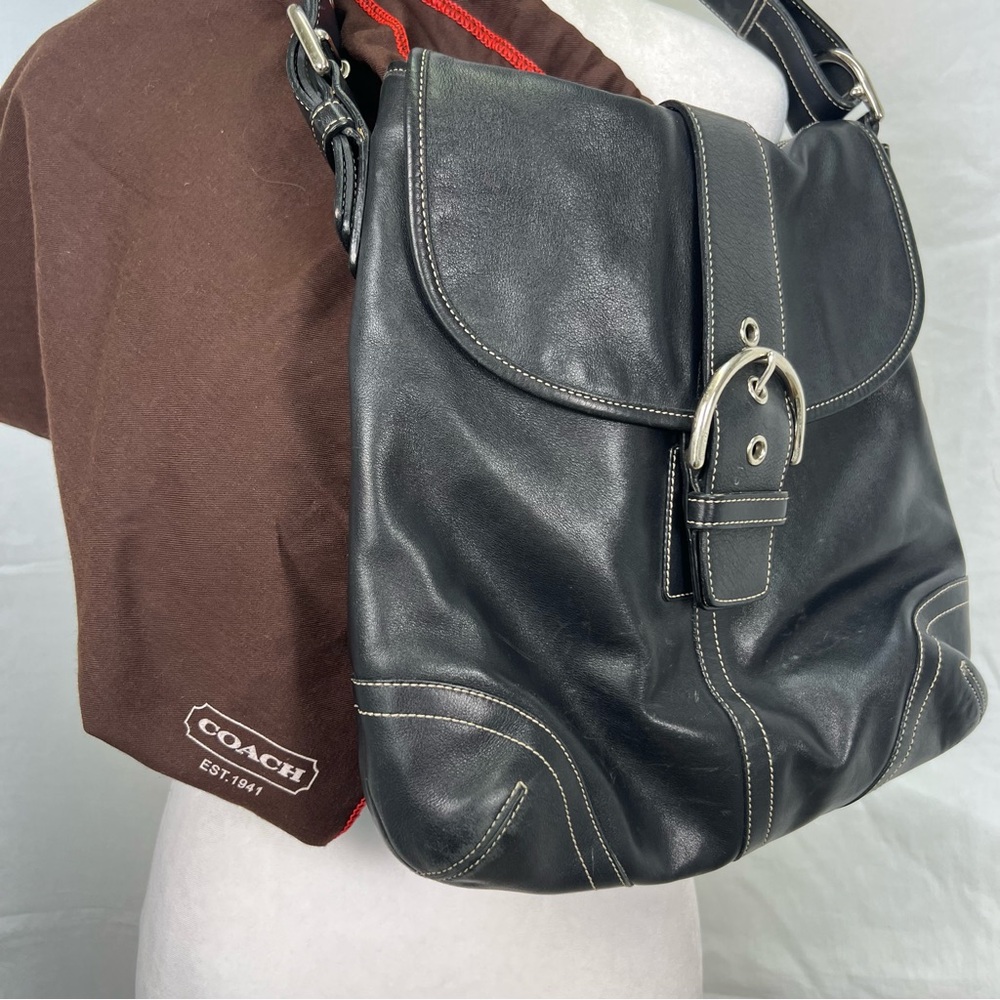 Coach black leather shoulder bag with adjustable strap and silver hardware. - Picture 10 of 11